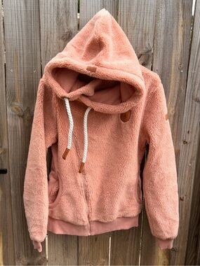 Wanakome Peach Plush Hooded Jacket with White Drawcords Size Small